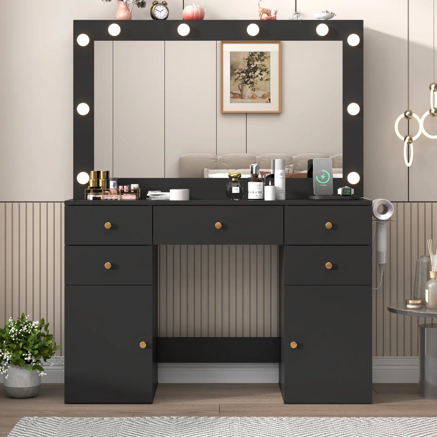 Dressing table with lighted mirror and power outlet