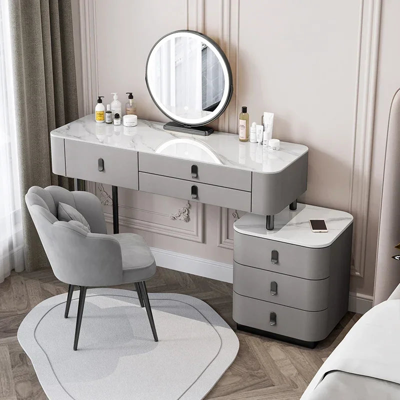 Nordic Vanity Table with Rock Slab Top – Pine Wood Makeup Desk with Mirror