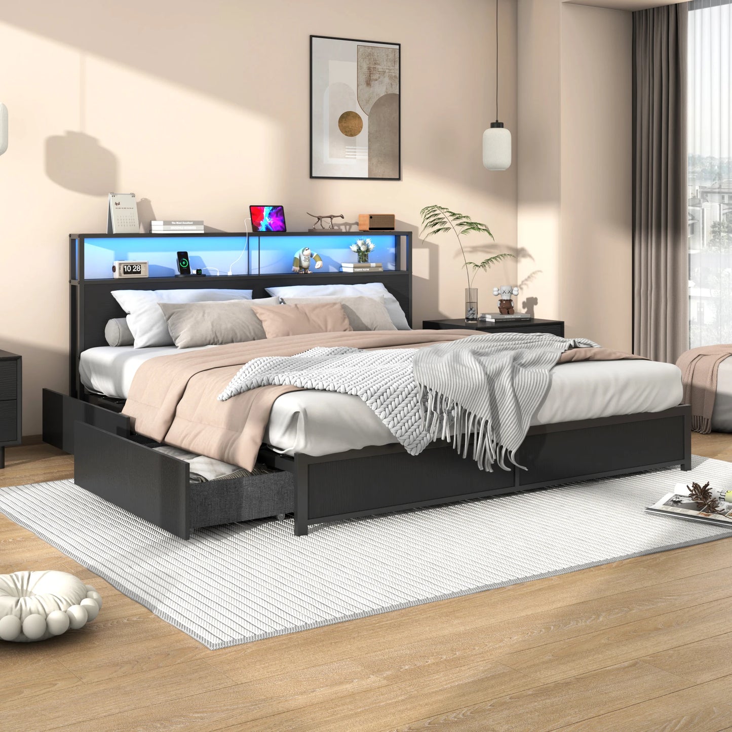 King Size Bed Frame with LED Lights and Charging Base