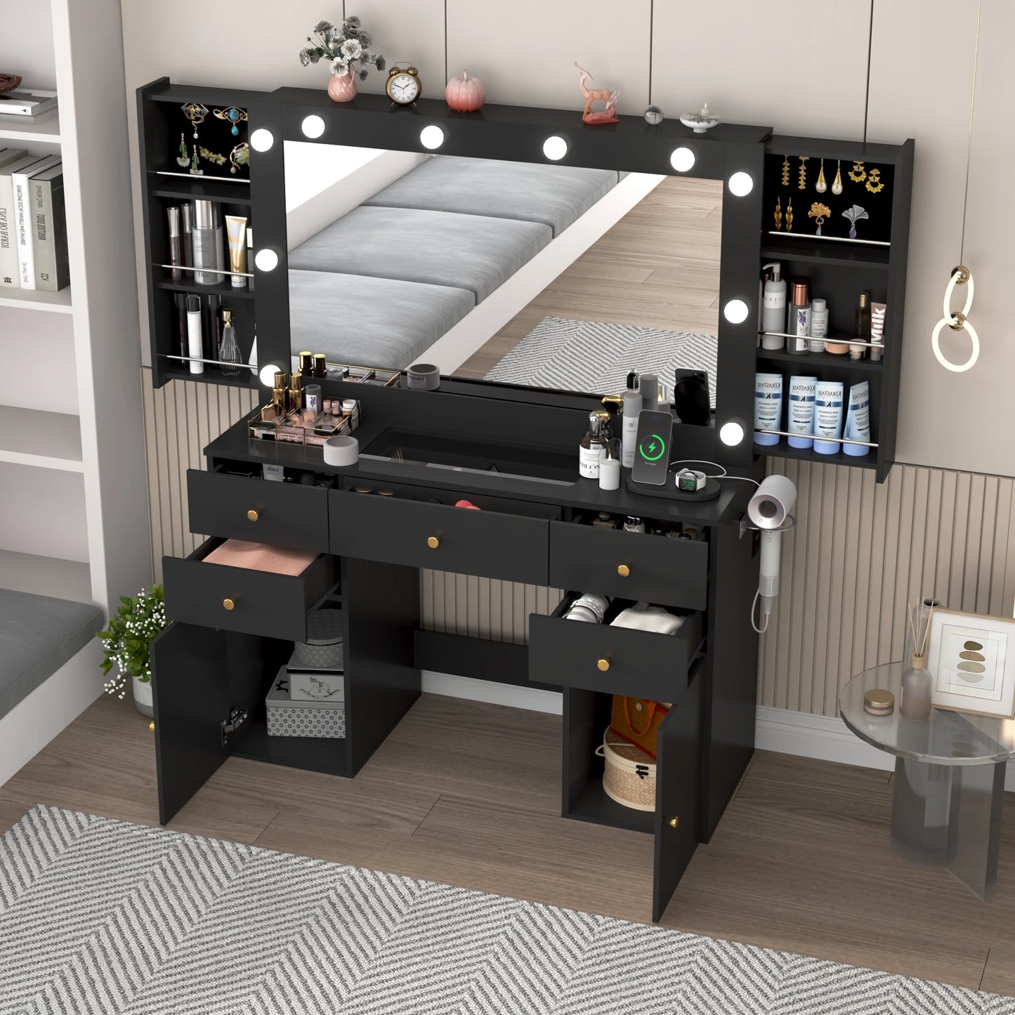 Dressing table with lighted mirror and power outlet