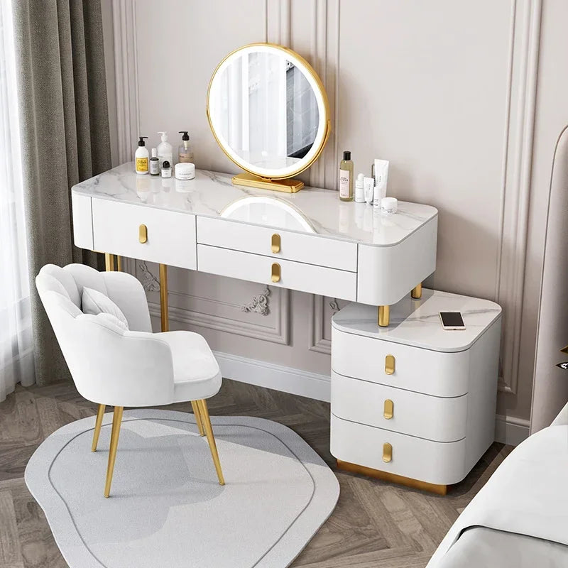 Nordic Vanity Table with Rock Slab Top – Pine Wood Makeup Desk with Mirror