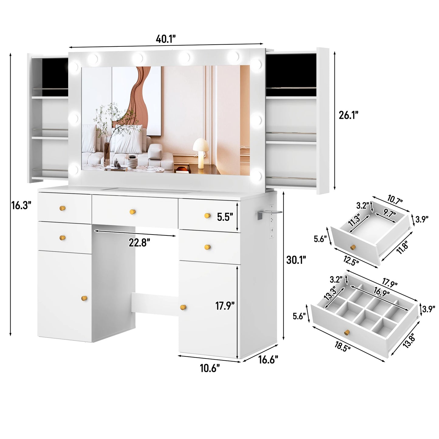 Dressing table with lighted mirror and power outlet
