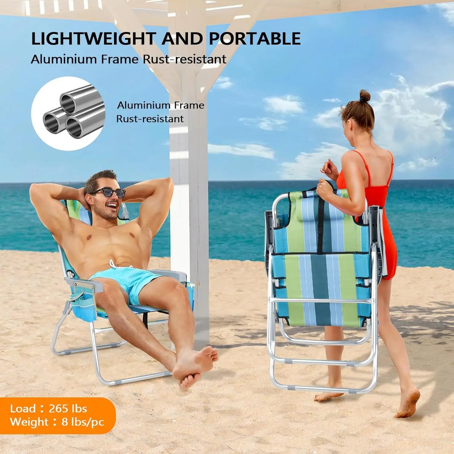 Tall Folding Beach Chair – 2 Pack with Cooler & Storage