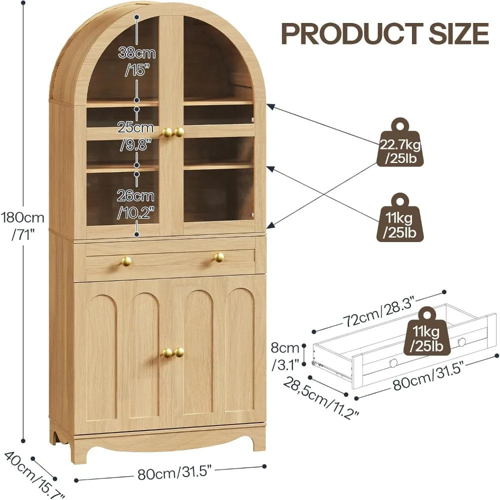 Arched Kitchen Pantry Cabinet – 71" Tall Farmhouse Storage with Glass Doors & Adjustable Shelves