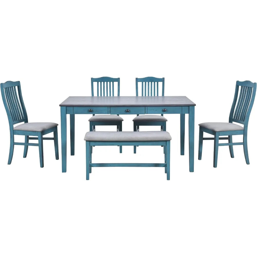 6-Piece Farmhouse Dining Set – Solid Wood Table with Bench, Upholstered Chairs & Storage Drawers