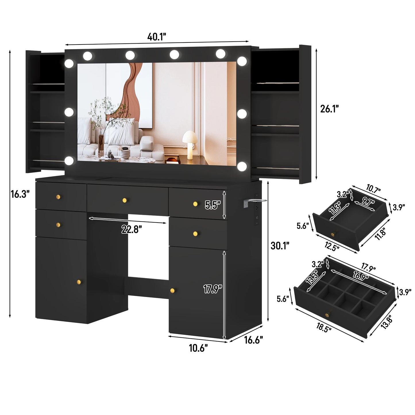 Dressing table with lighted mirror and power outlet