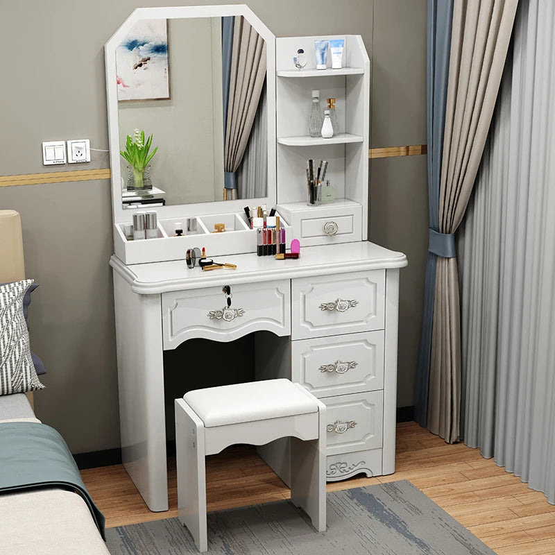 Luxury Nordic Vanity Table with Mirror & Stool – Classic Storage Dresser