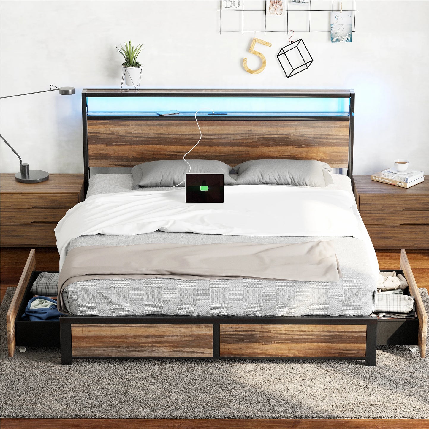 Metal platform bed frame with 4 storage drawers and headboard