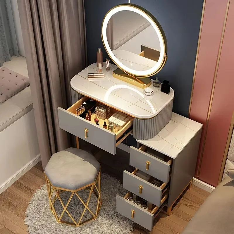 Simple Elegant Vanity Table – Nordic Vintage Makeup Desk with Mirror & Stool