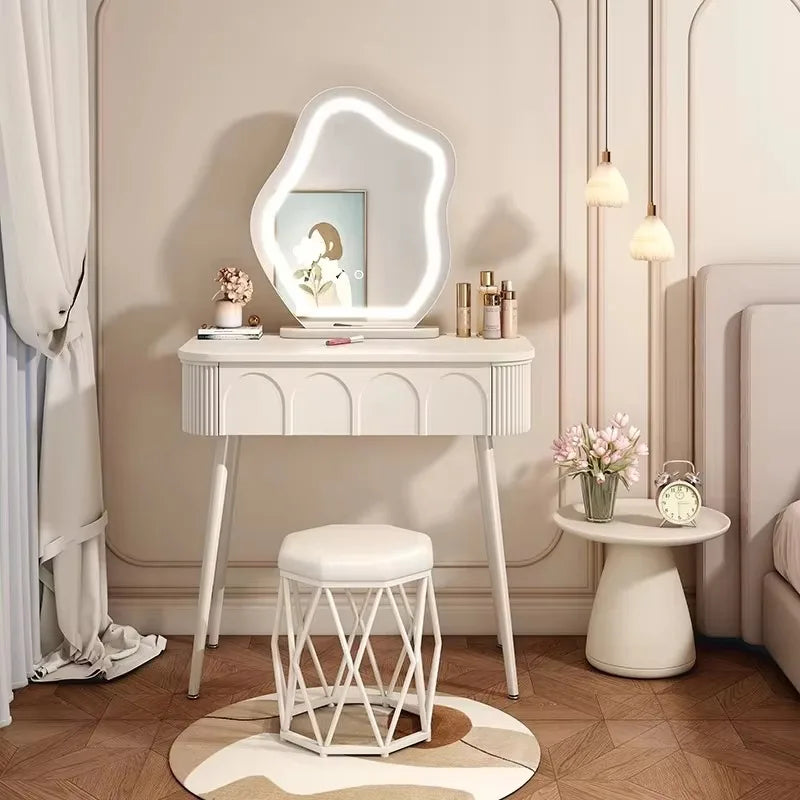 Simple Classic Vanity Table – Vintage European Makeup Desk with Mirror & Stool