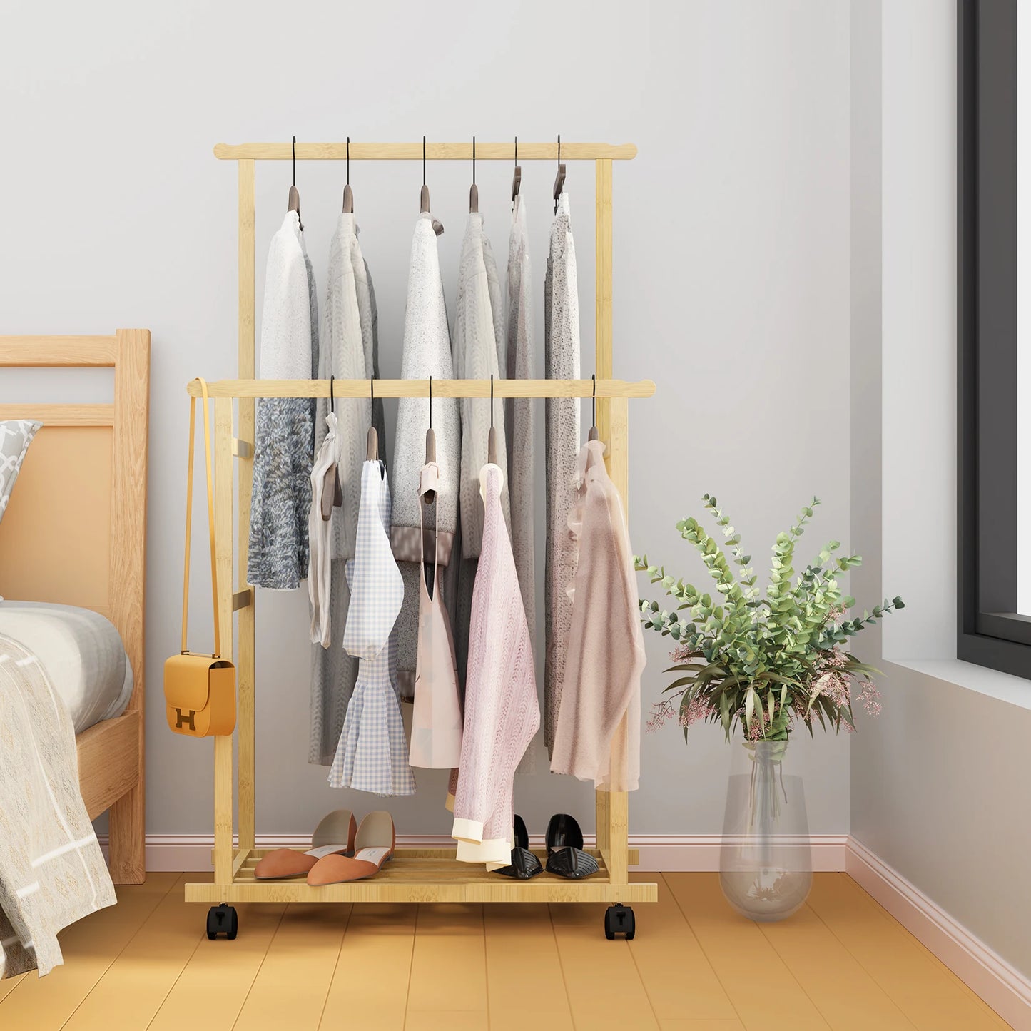 Bamboo Rolling Clothes Rack