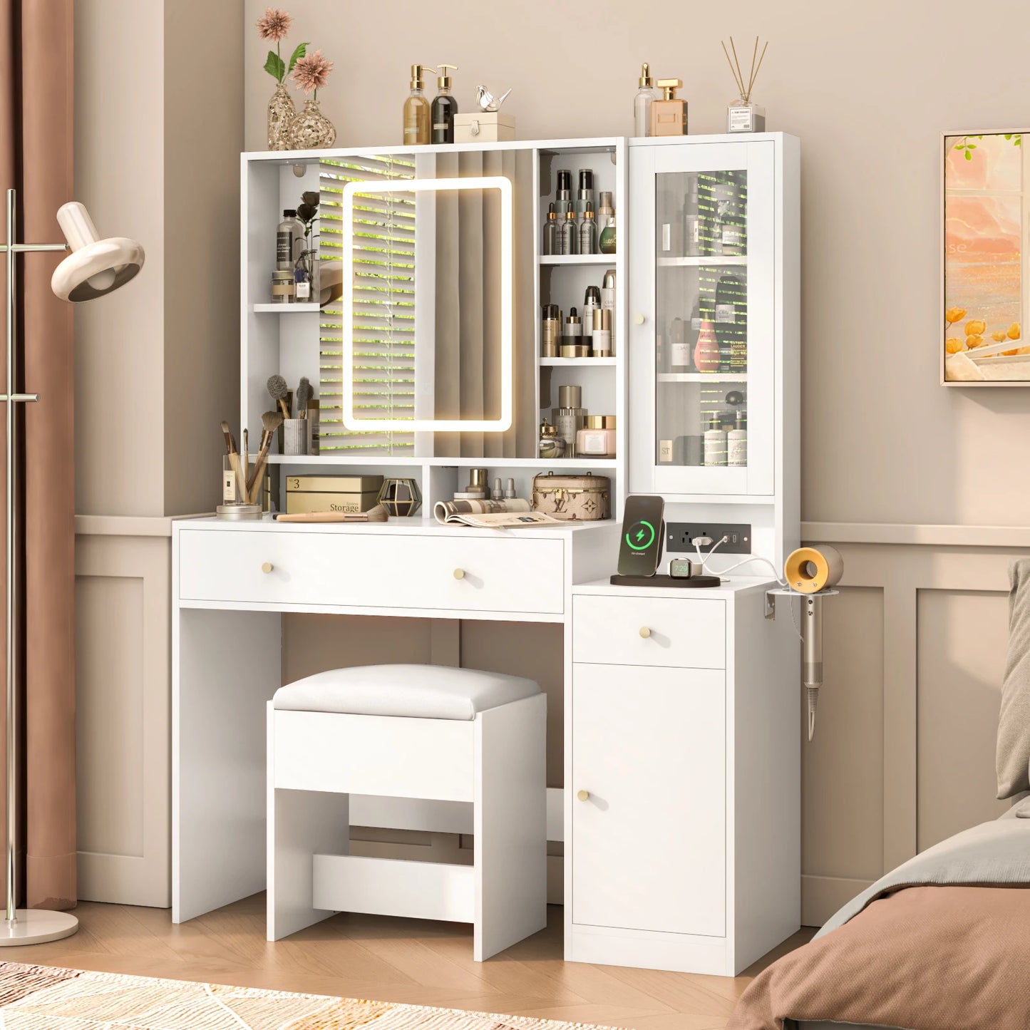 Large white dressing table set with dressing chair