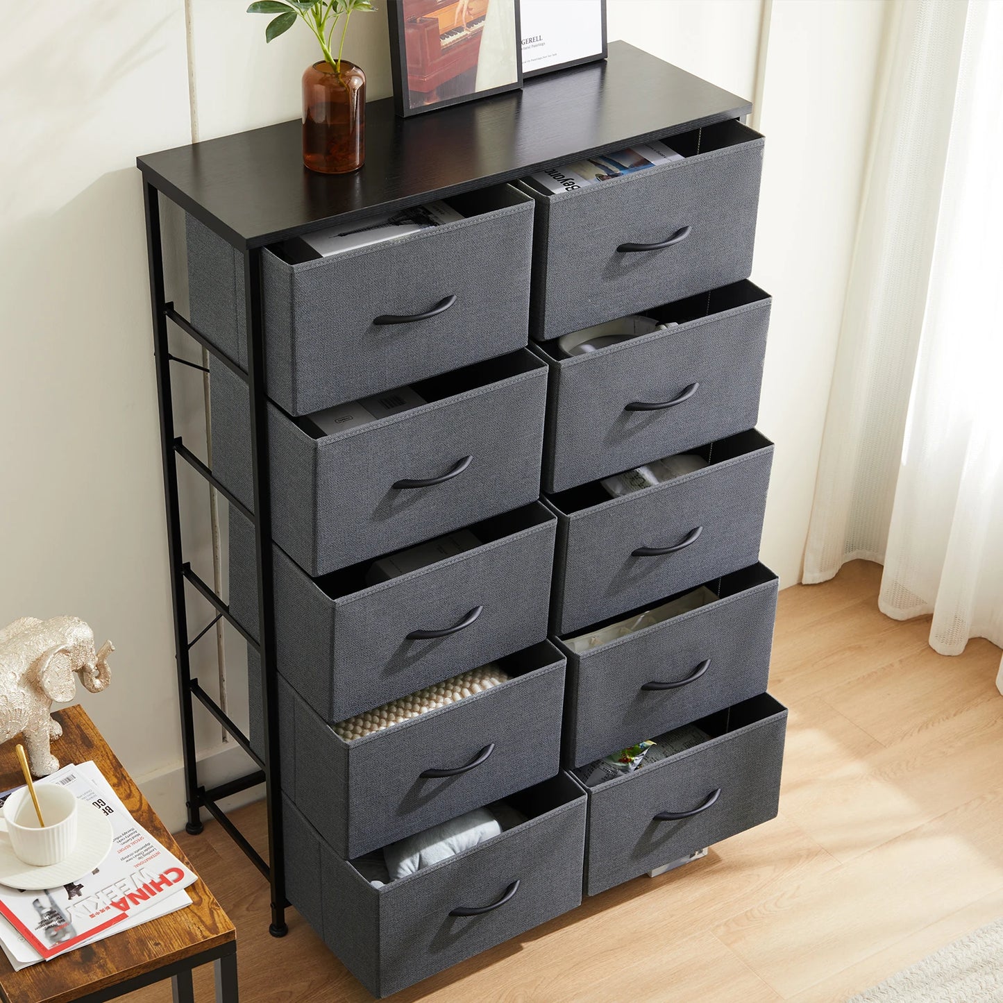 10-Drawer Bedside Table with Fabric Drawers