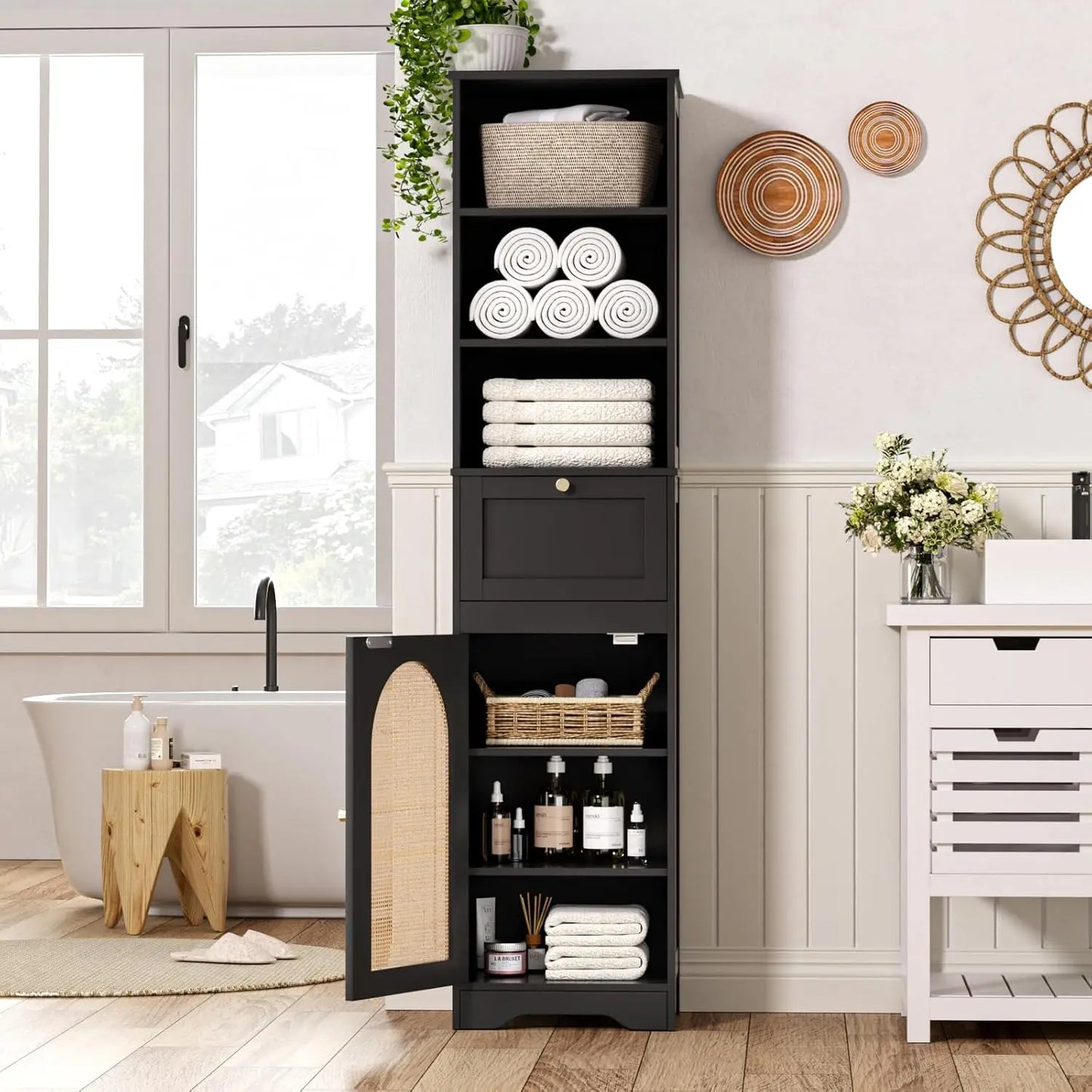 Wood Bathroom Storage Cabinet with Rattan Door & Drawer