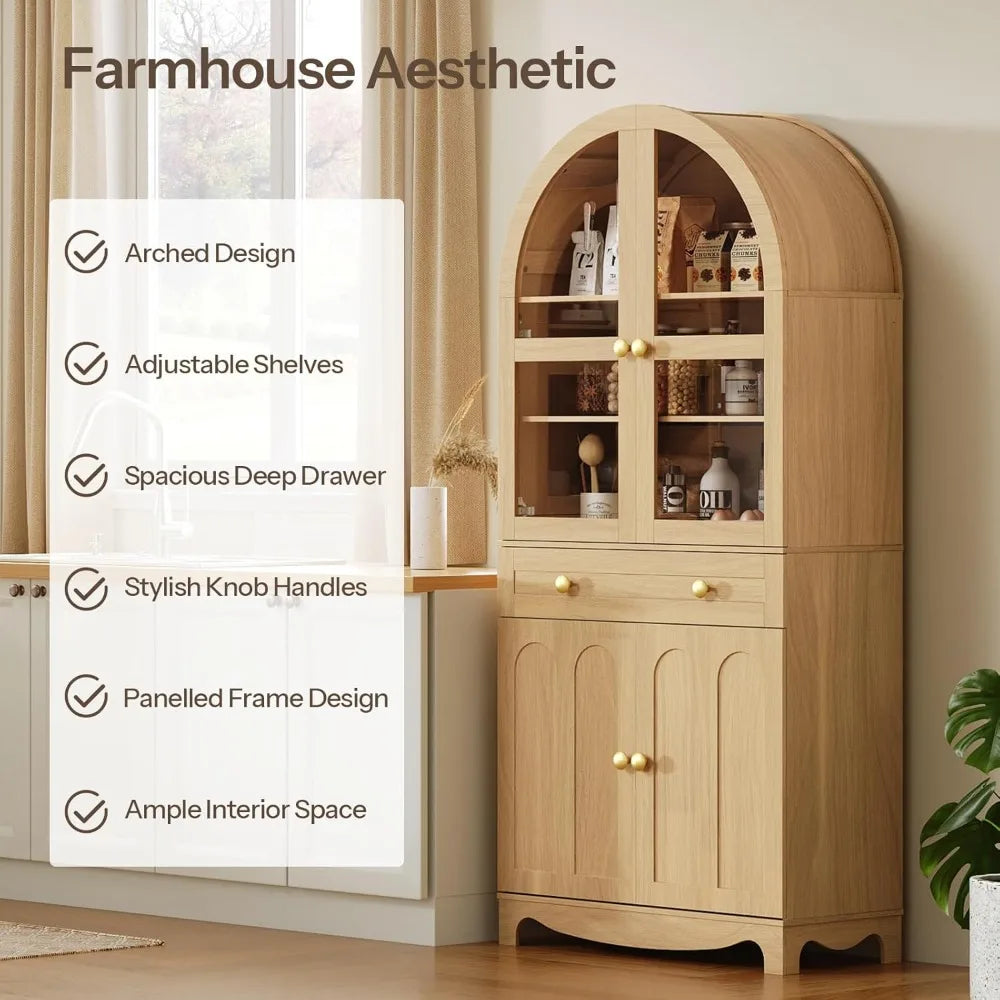 Arched Kitchen Pantry Cabinet – 71" Tall Farmhouse Storage with Glass Doors & Adjustable Shelves