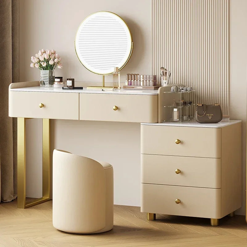 European Vanity Table with Drawers – Classic Nordic Makeup Desk with Mirror & Stool