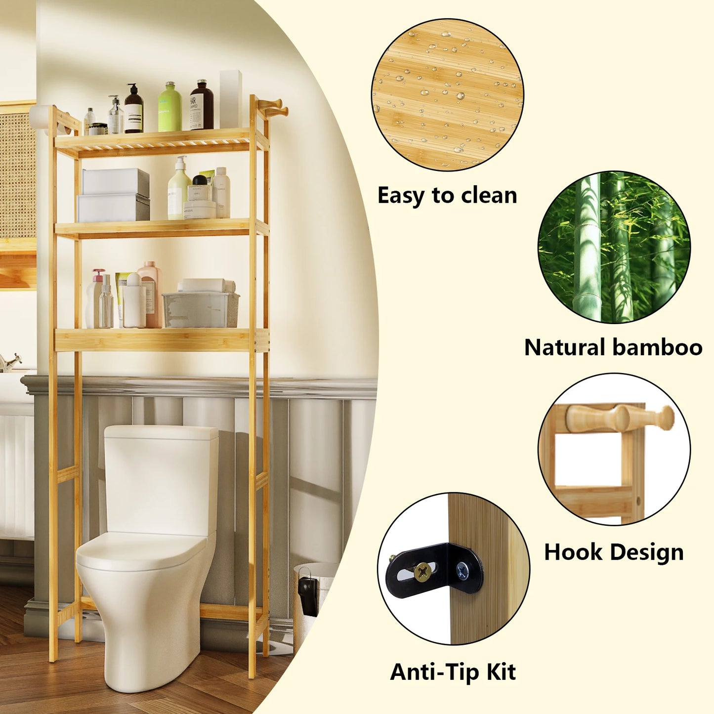 Bamboo Over Toilet Shelf Rack – 3-Tier Bathroom Storage Organizer