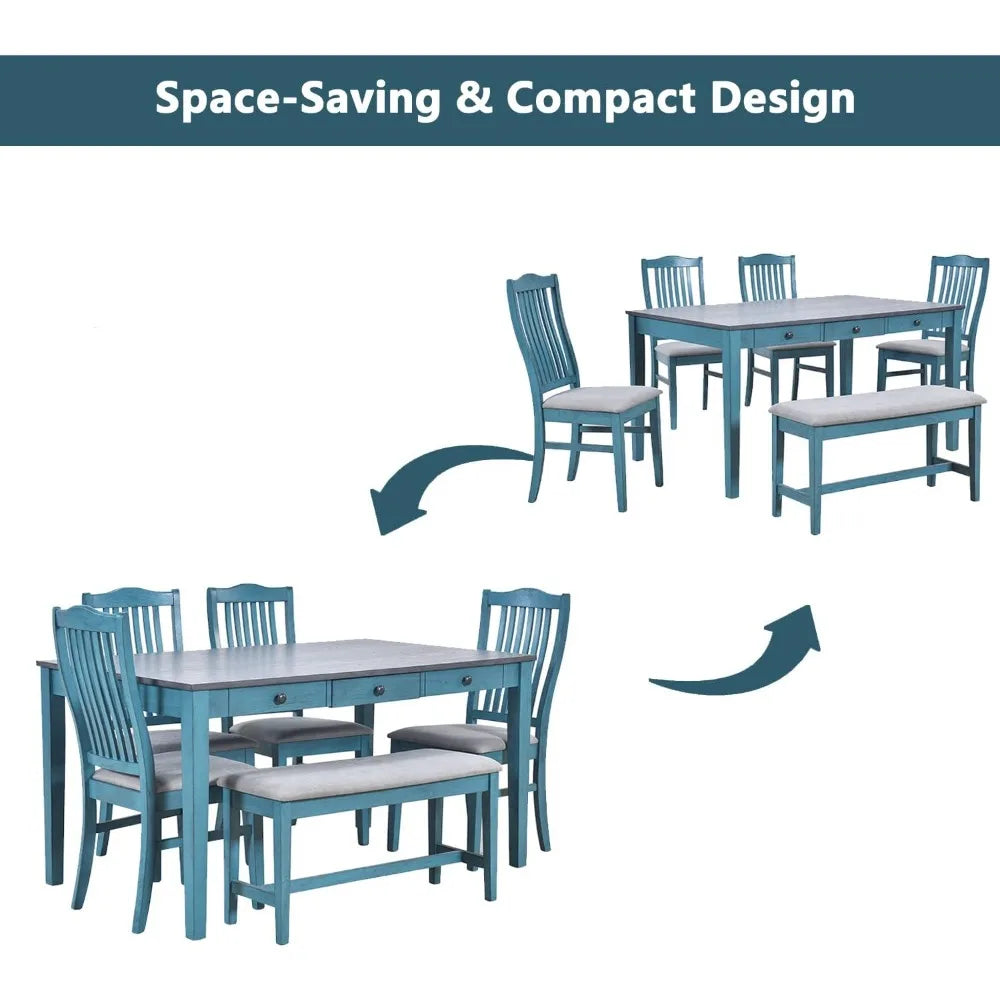 6-Piece Farmhouse Dining Set – Solid Wood Table with Bench, Upholstered Chairs & Storage Drawers