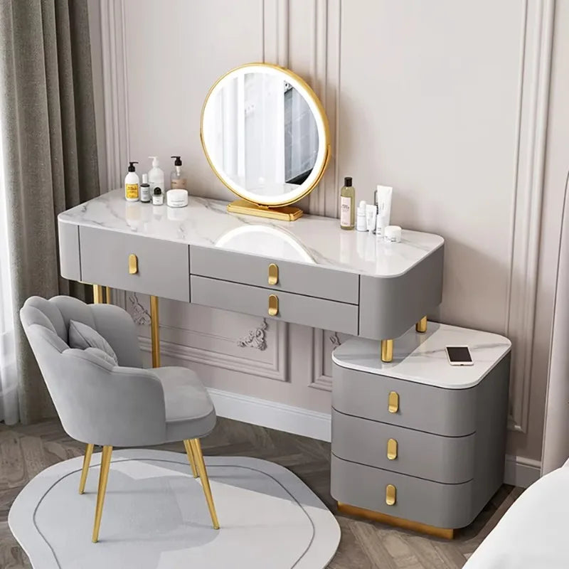 Nordic Vanity Table with Rock Slab Top – Pine Wood Makeup Desk with Mirror