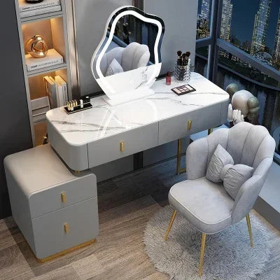 Modern Luxury Vanity Table – Vintage European Makeup Desk with Mirror & Stool