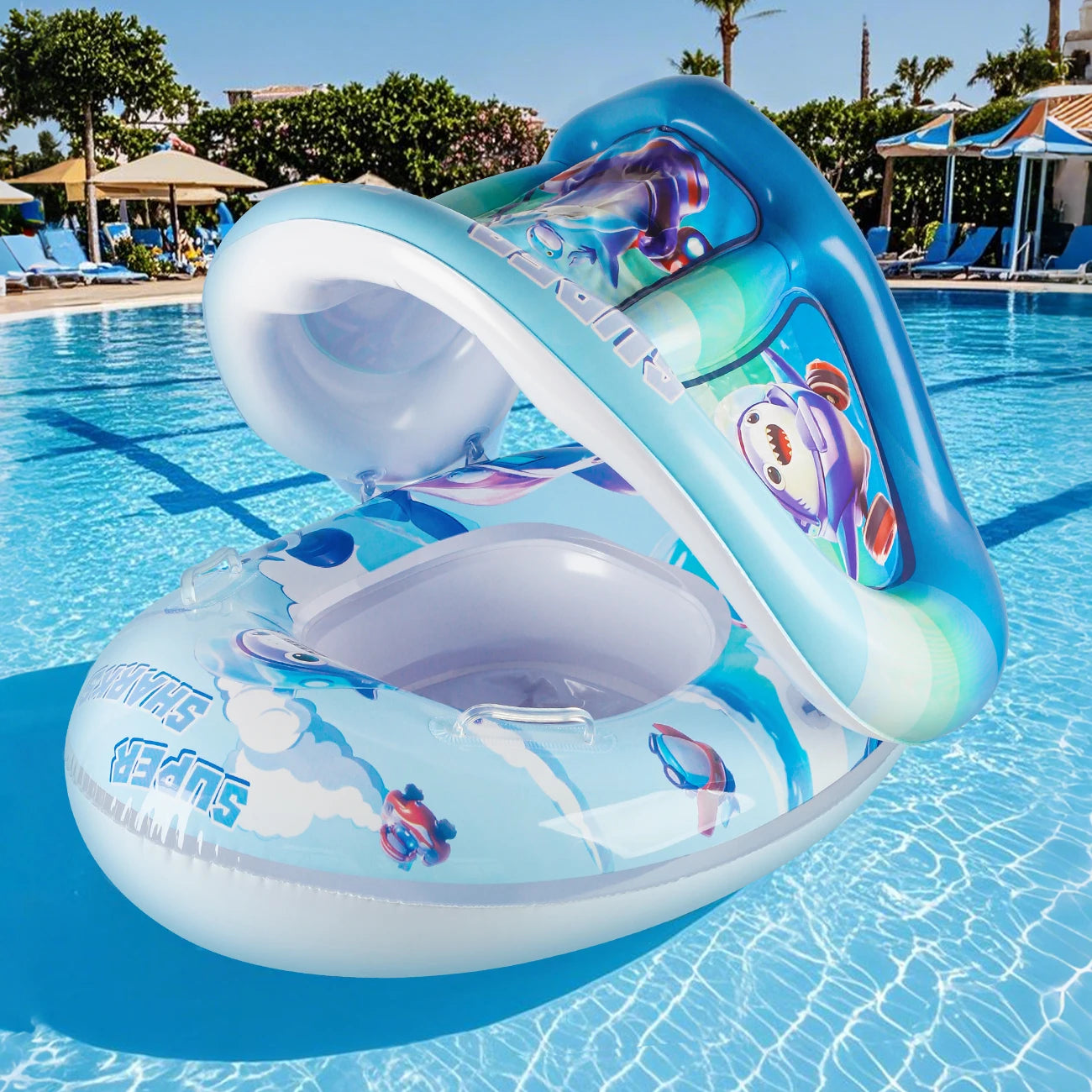 Booster swim float with seat and canopy and inflatable swim ring