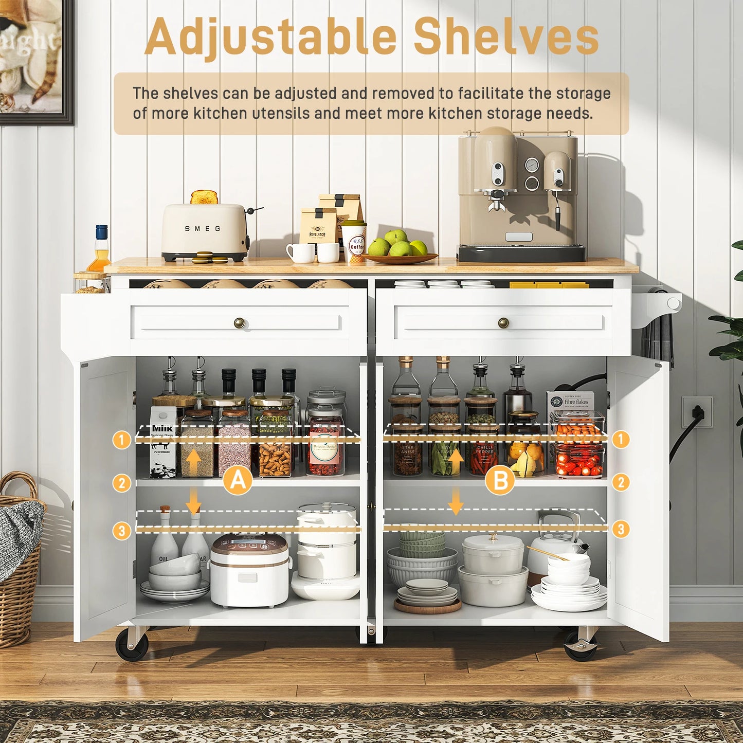Movable kitchen table with spice rack