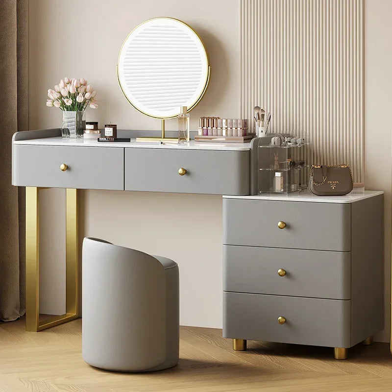 European Vanity Table with Drawers – Classic Nordic Makeup Desk with Mirror & Stool