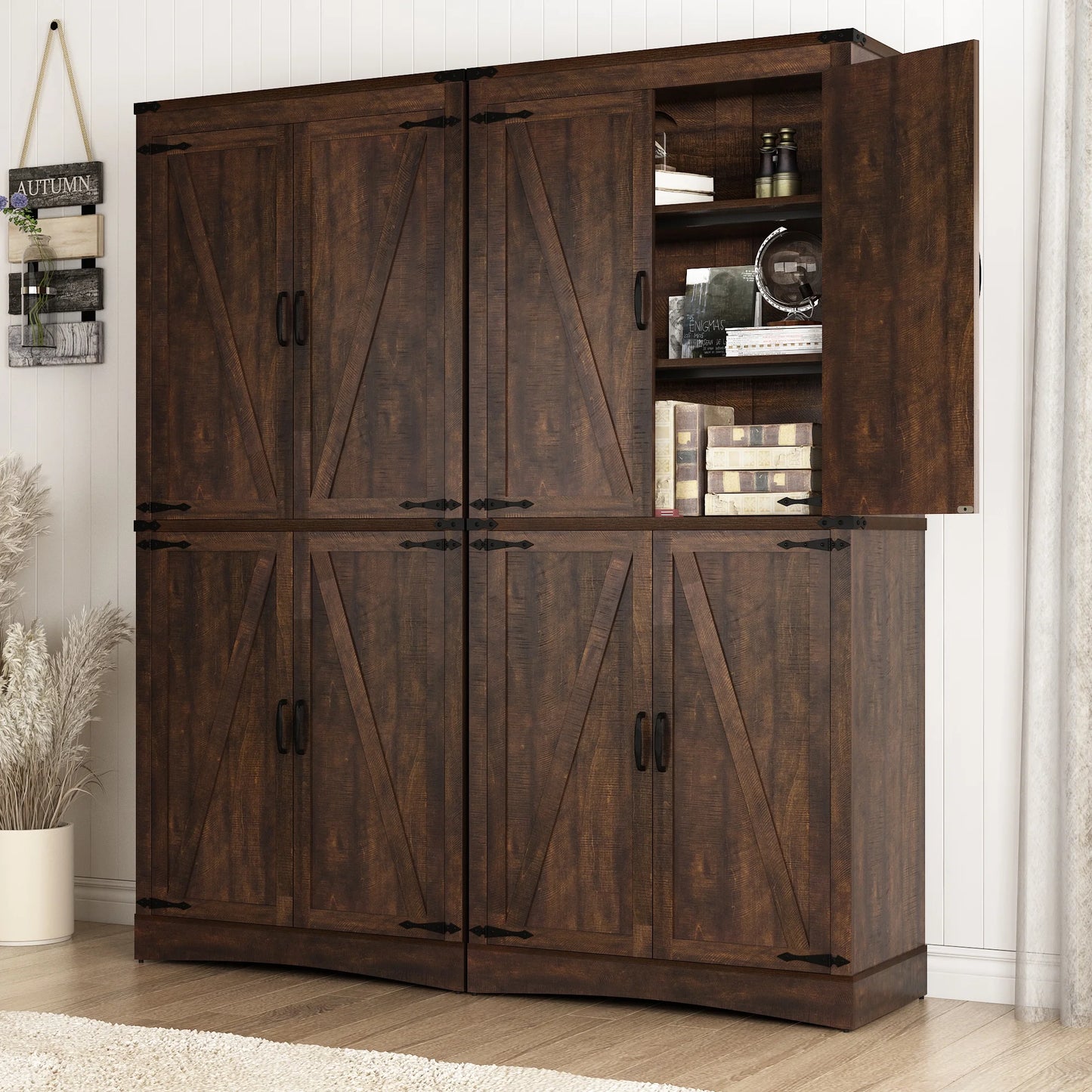 Kitchen Pantry Cabinet with Adjustable Shelves and 4 Barn Doors