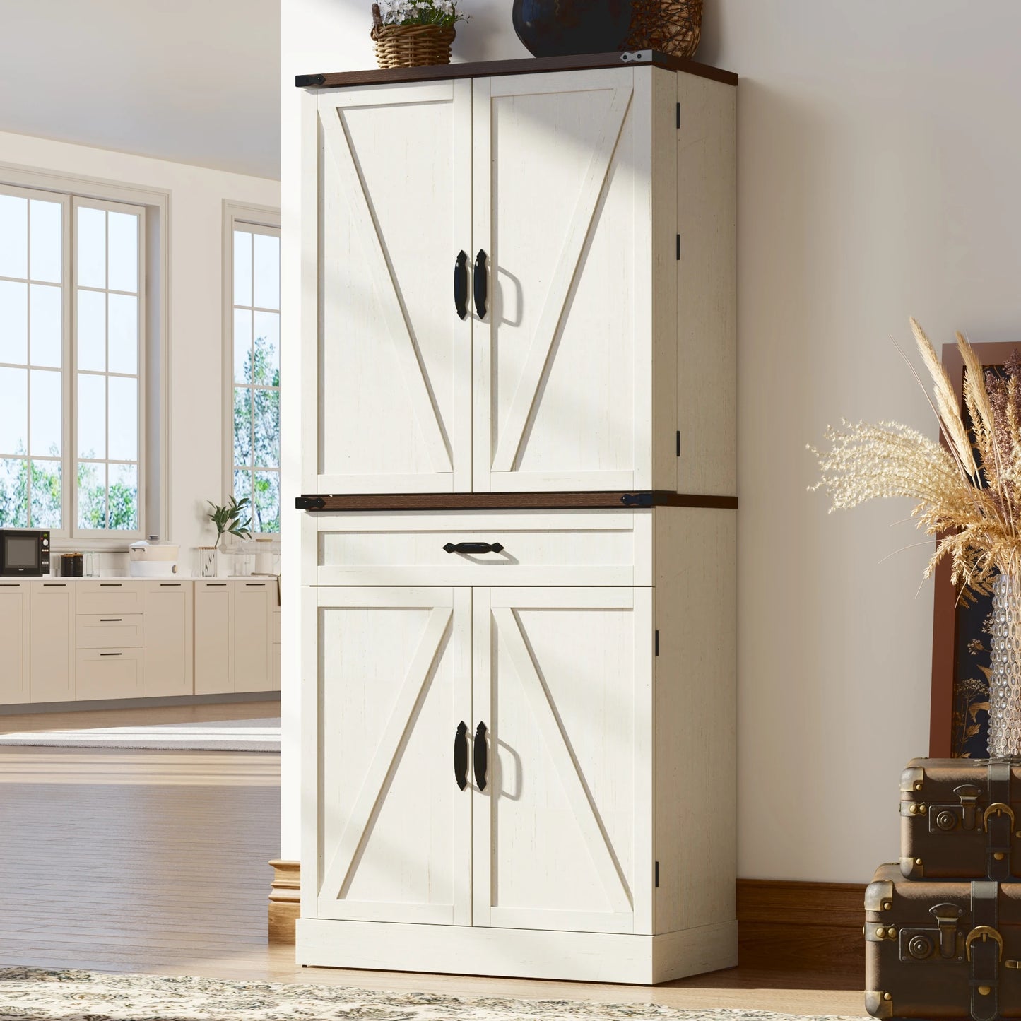 Kitchen Pantry Cabinet with 3 Drawers with 6 Barn Door