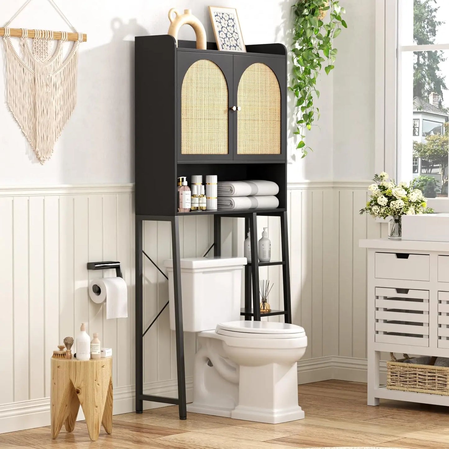 Over The Toilet Storage Cabinet with Rattan Doors & Metal Stand