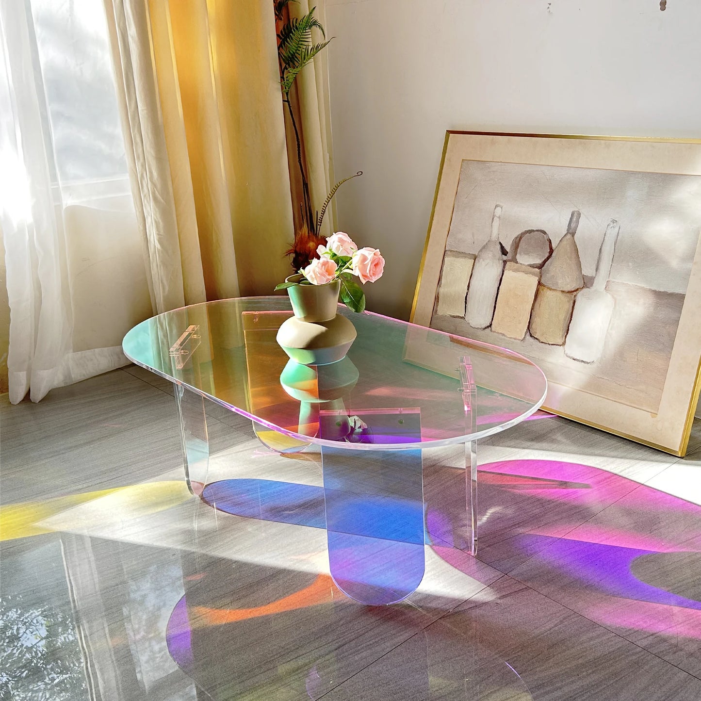 Iridescent Acrylic Coffee Table – Shatterproof Oval Design