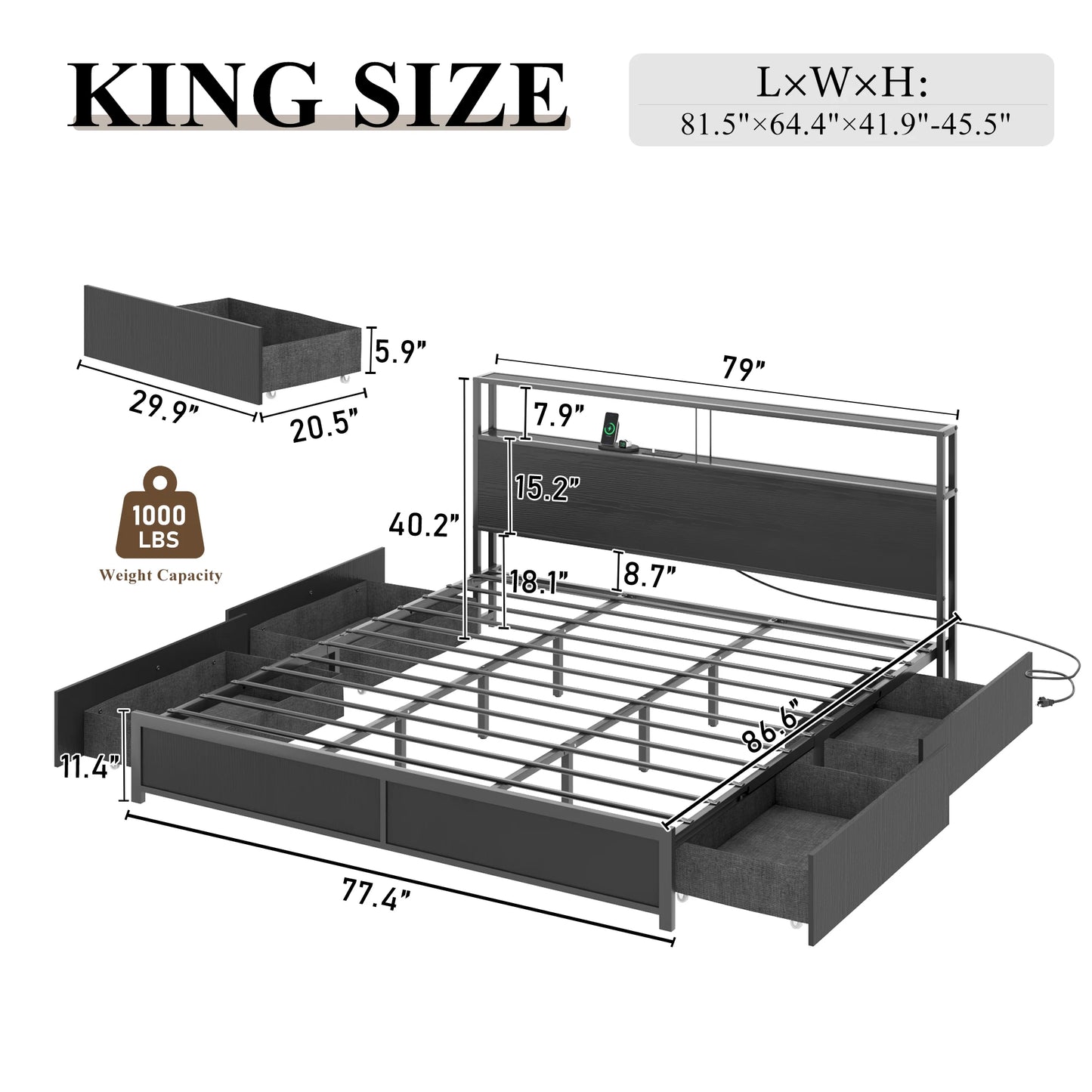 King Size Bed Frame with LED Lights and Charging Base