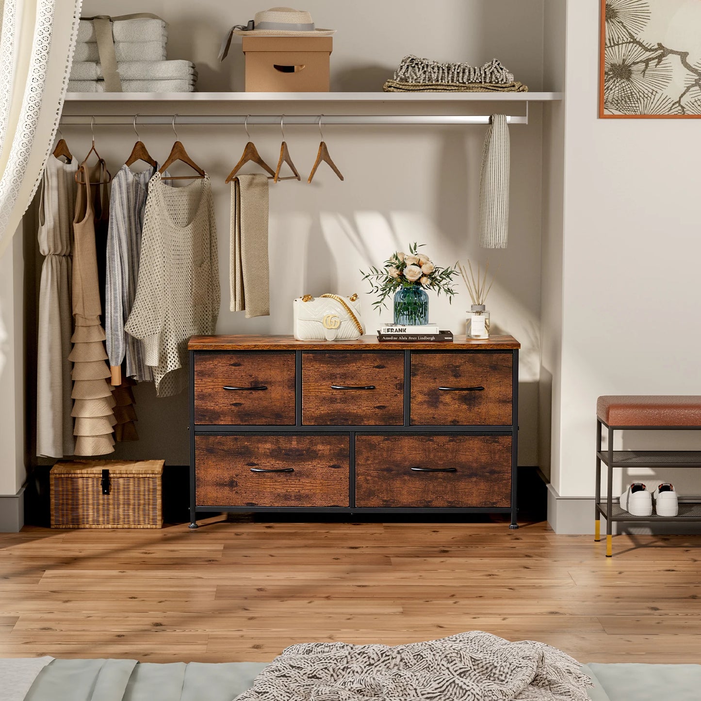 Living Room Display Cabinet with 5 Fabric Drawers