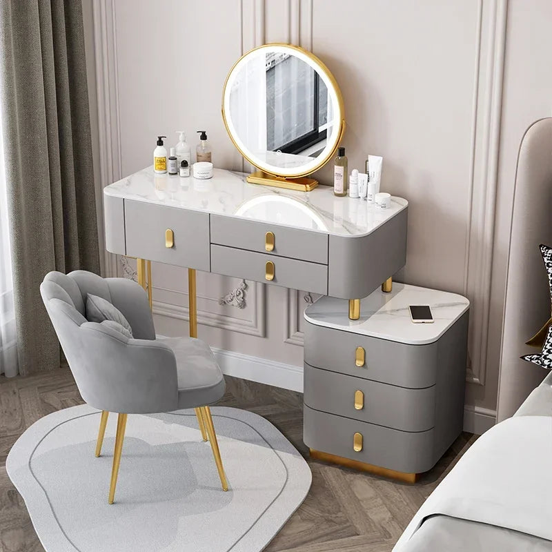Nordic Vanity Table with Rock Slab Top – Pine Wood Makeup Desk with Mirror