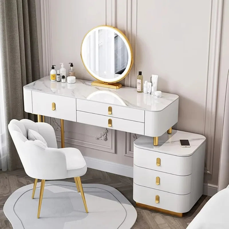 Nordic Vanity Table with Rock Slab Top – Pine Wood Makeup Desk with Mirror