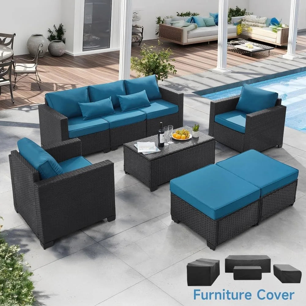 6-Piece Outdoor Wicker Patio Set with Storage Table and Weatherproof Covers