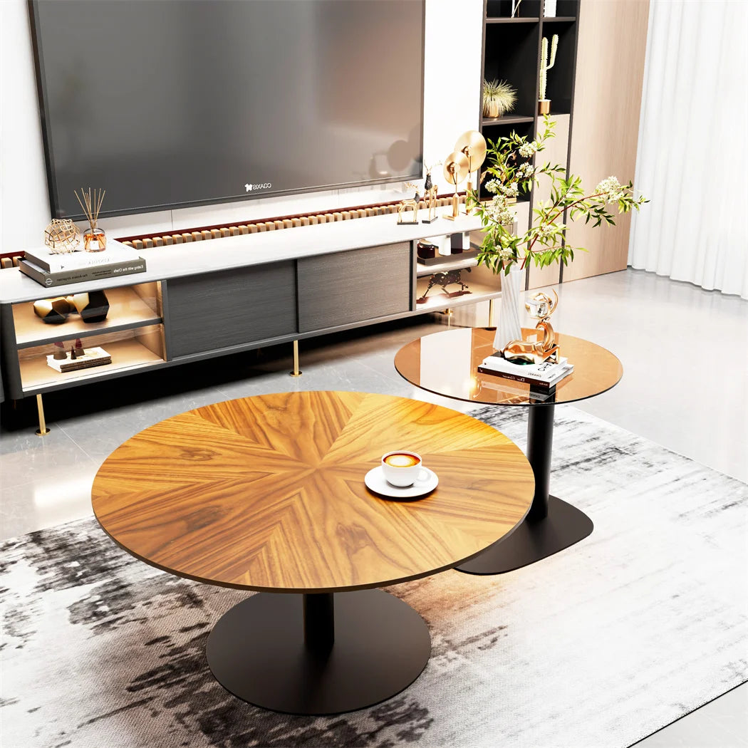 Round Wood Coffee Table Set