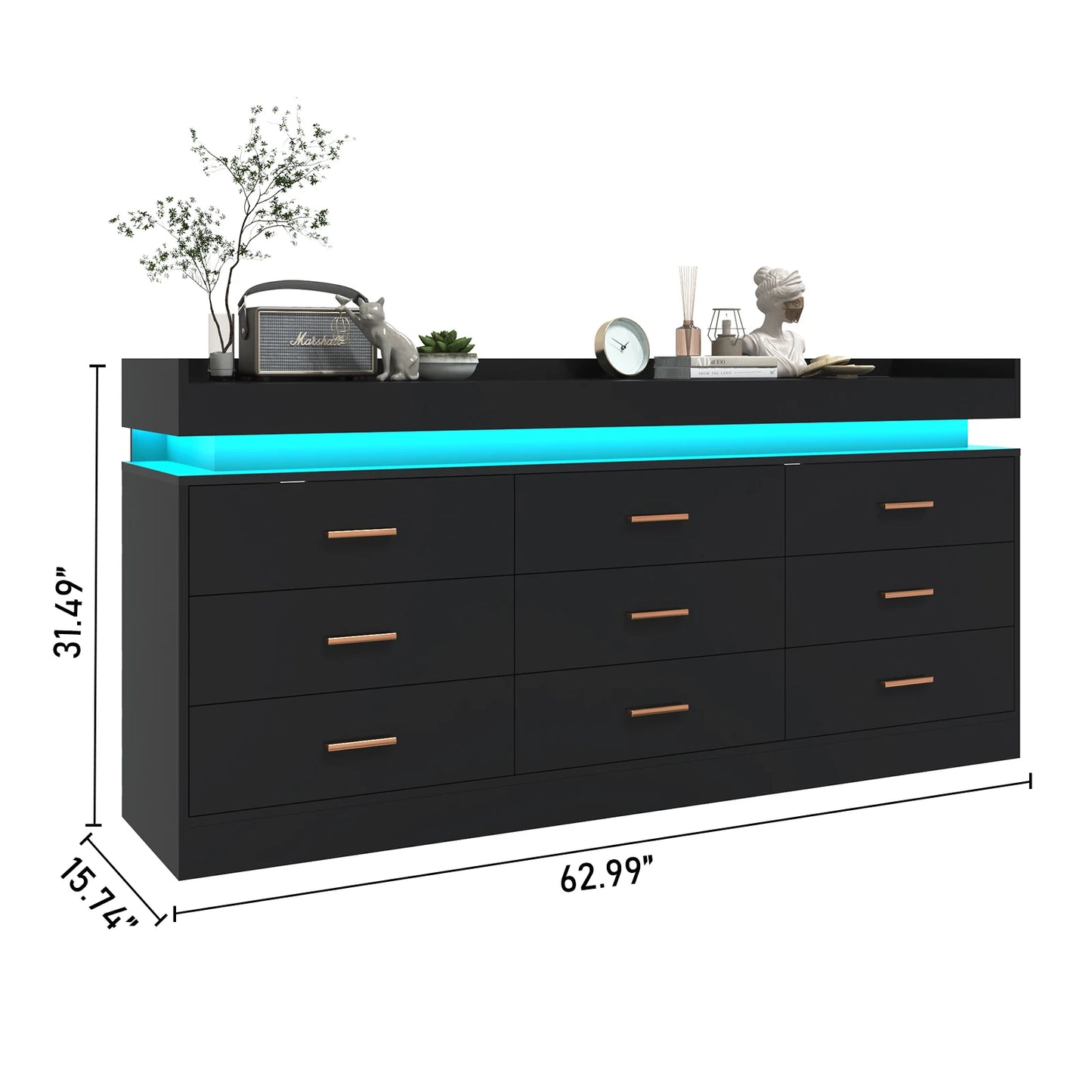 9-drawer chest with LED lighting and charging station