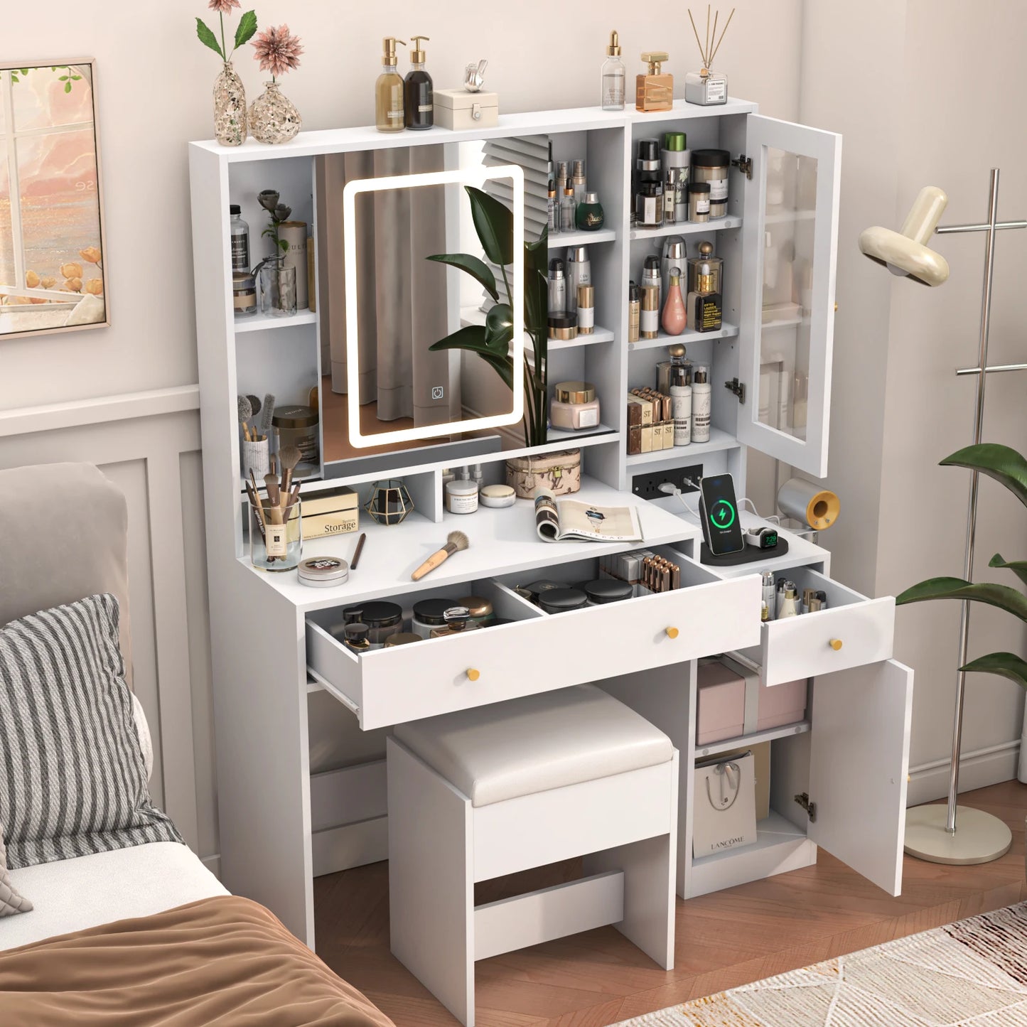 Large white dressing table set with dressing chair
