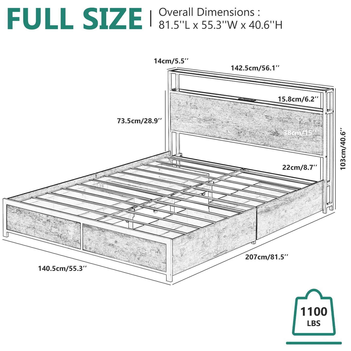 Metal platform bed frame with 4 storage drawers and headboard