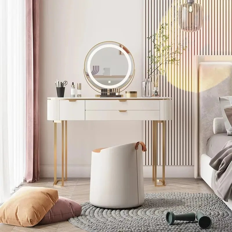 Modern White Vanity Table – Elegant Makeup Desk with Mirror & Stool
