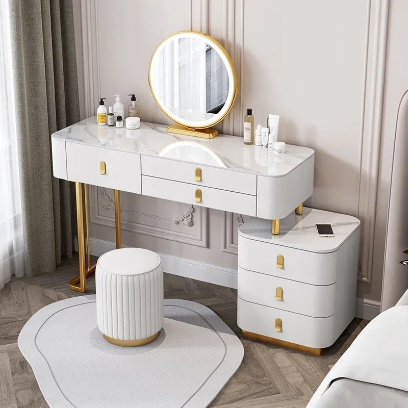 Nordic Vanity Table with Rock Slab Top – Pine Wood Makeup Desk with Mirror