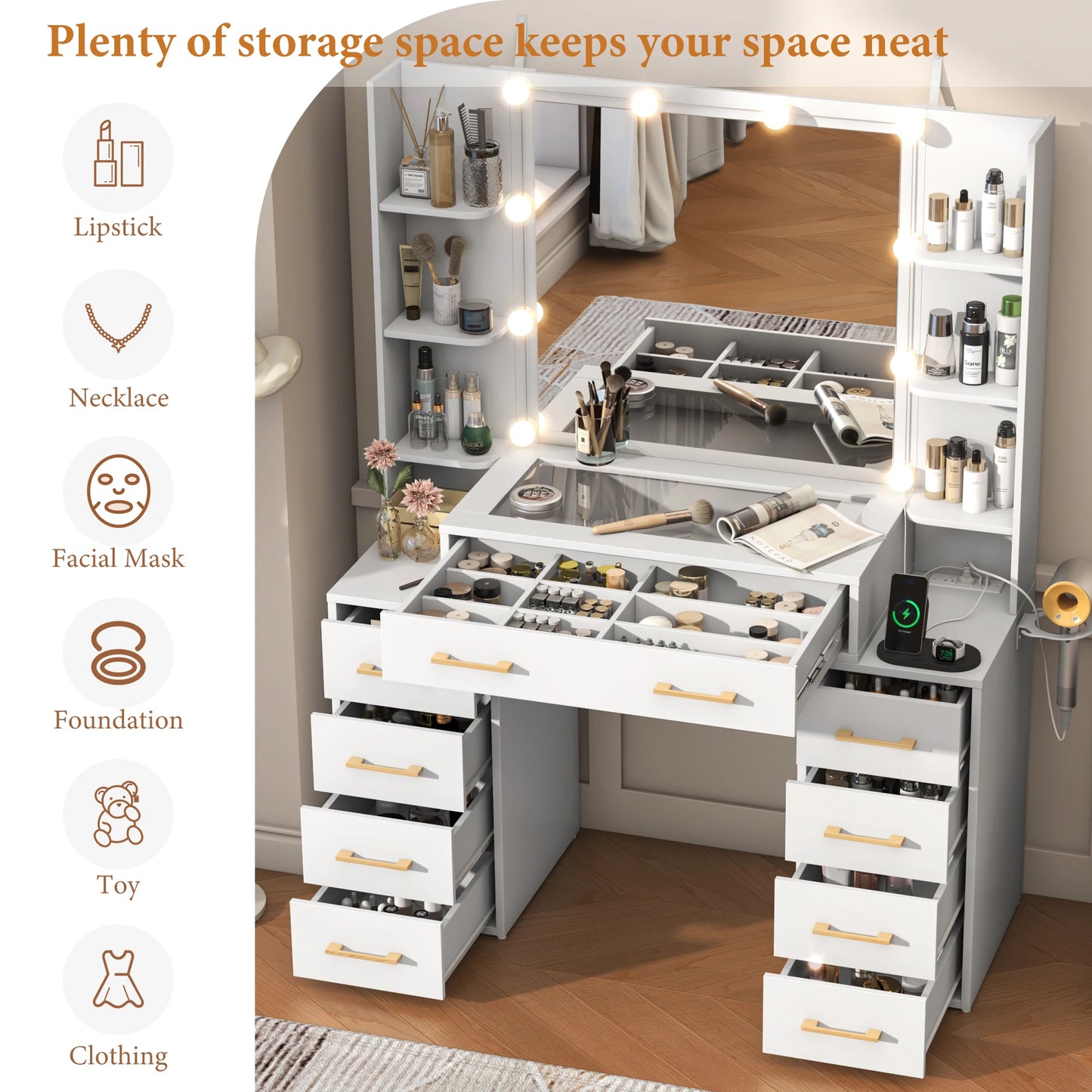 Large makeup table with 9 drawers