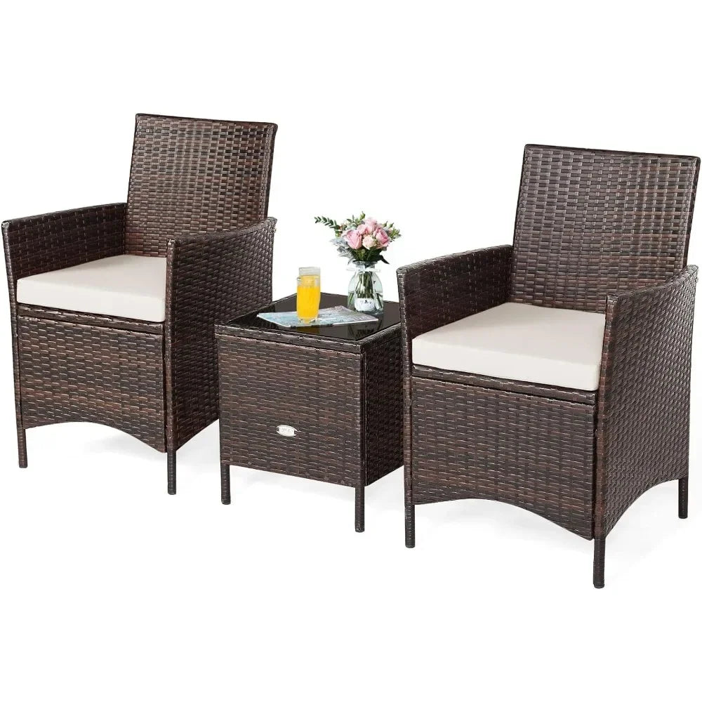3-Piece White Wicker Patio Set with Cushions and Glass Coffee Table