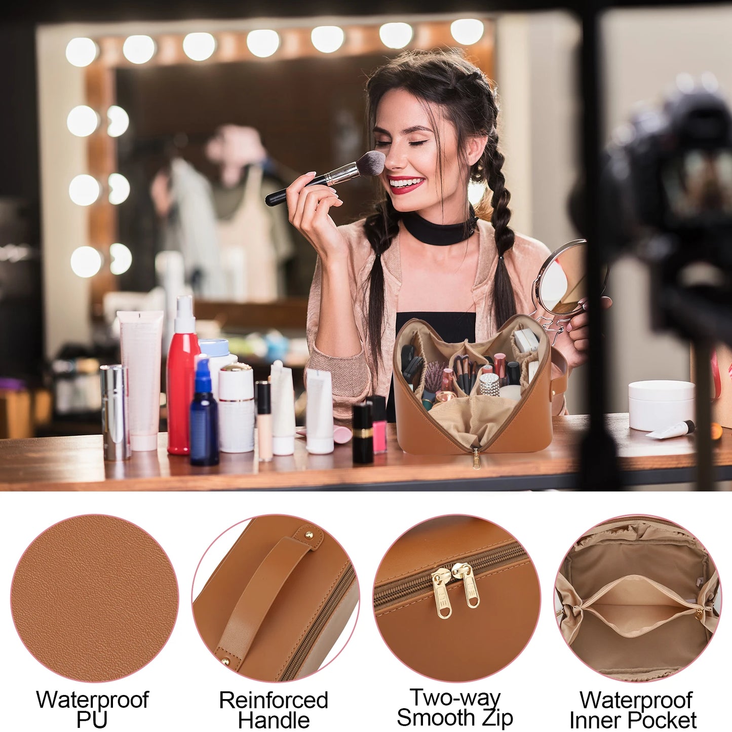 Travel Makeup Bag with Divider and Handle