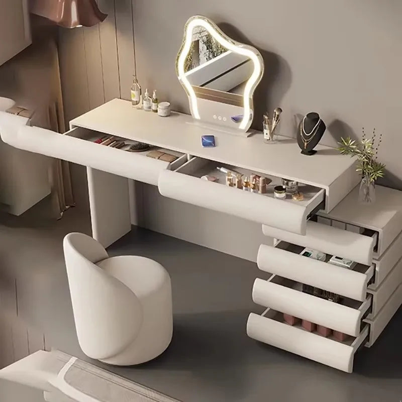 Minimalist White Vanity Table – Elegant Makeup Desk with Mirror & Stool