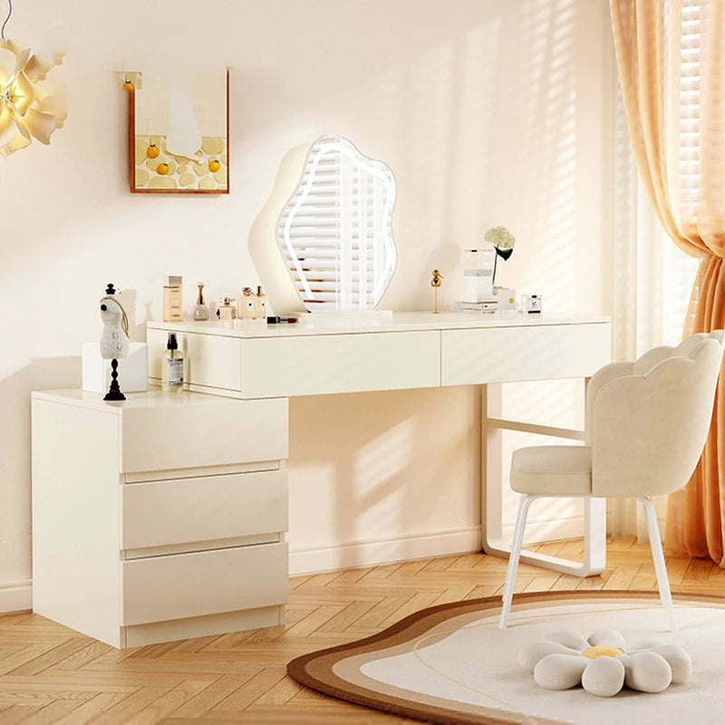 Elegant Minimalist Vanity Table – Nordic Makeup Desk with Mirror & Stool