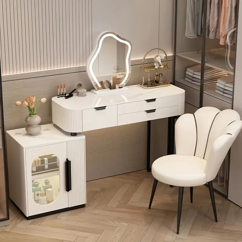 Classic White Vanity Table – European Makeup Desk with Mirror & Stool