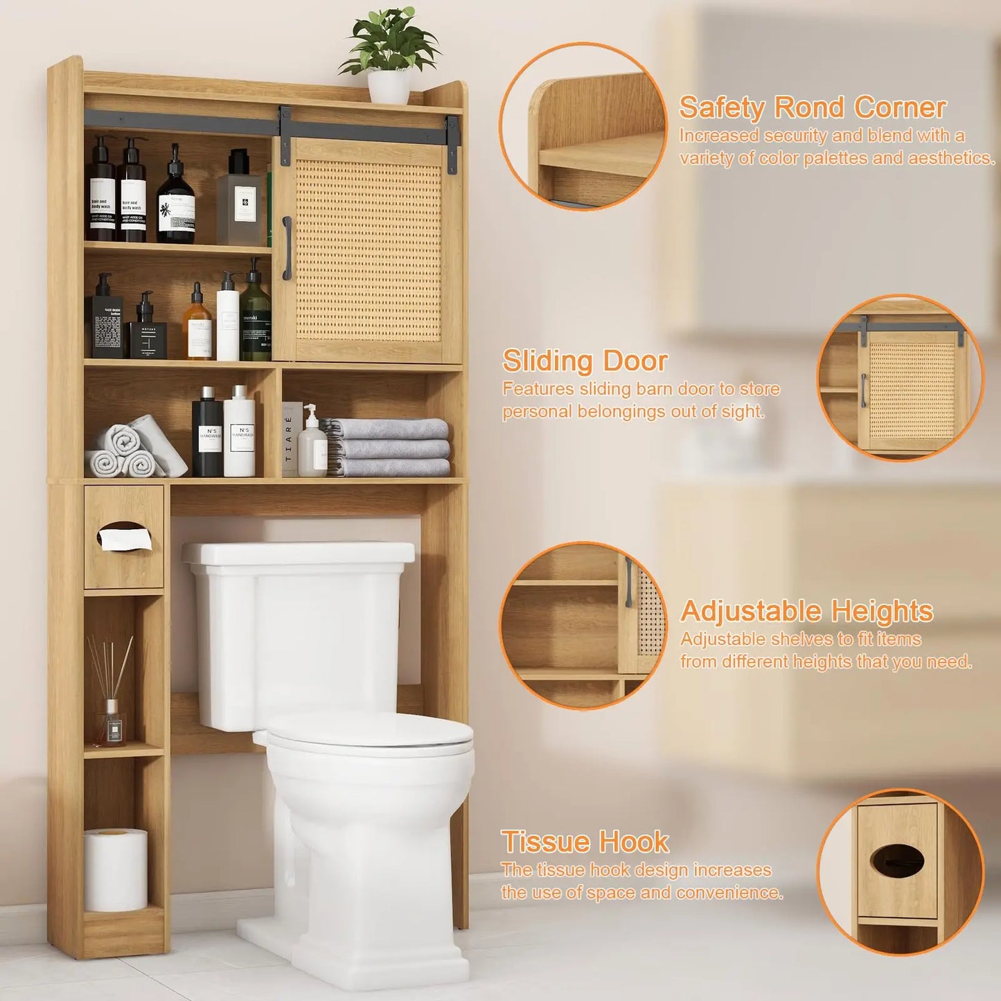 Over the Toilet Storage Cabinet with Rattan Door & Toilet Paper Holder