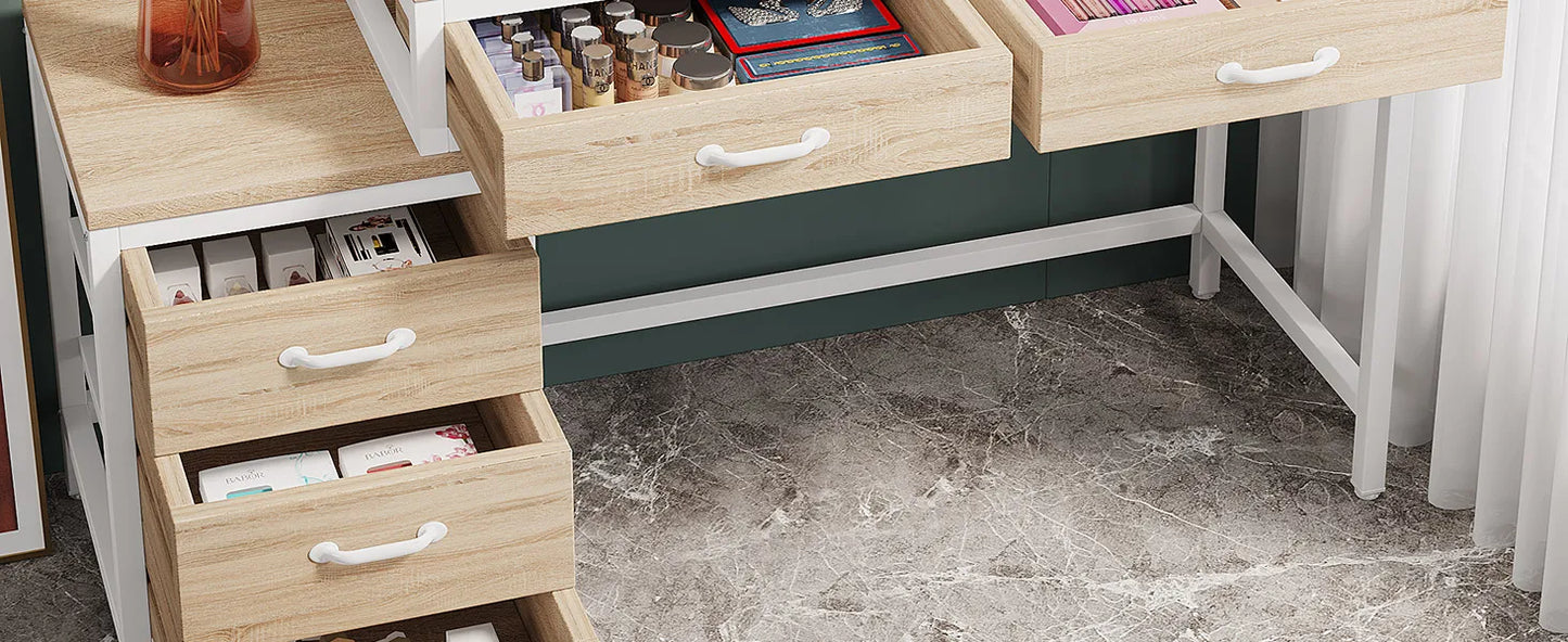 Walnut 5‑Drawer Vanity Desk